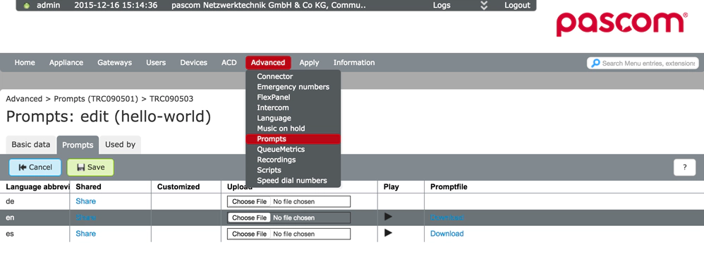 pascom prompts admin UI