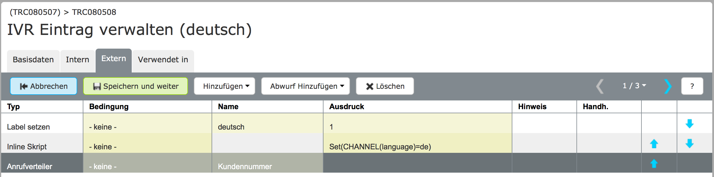 IVR-Einträge Aktionen konfigurieren