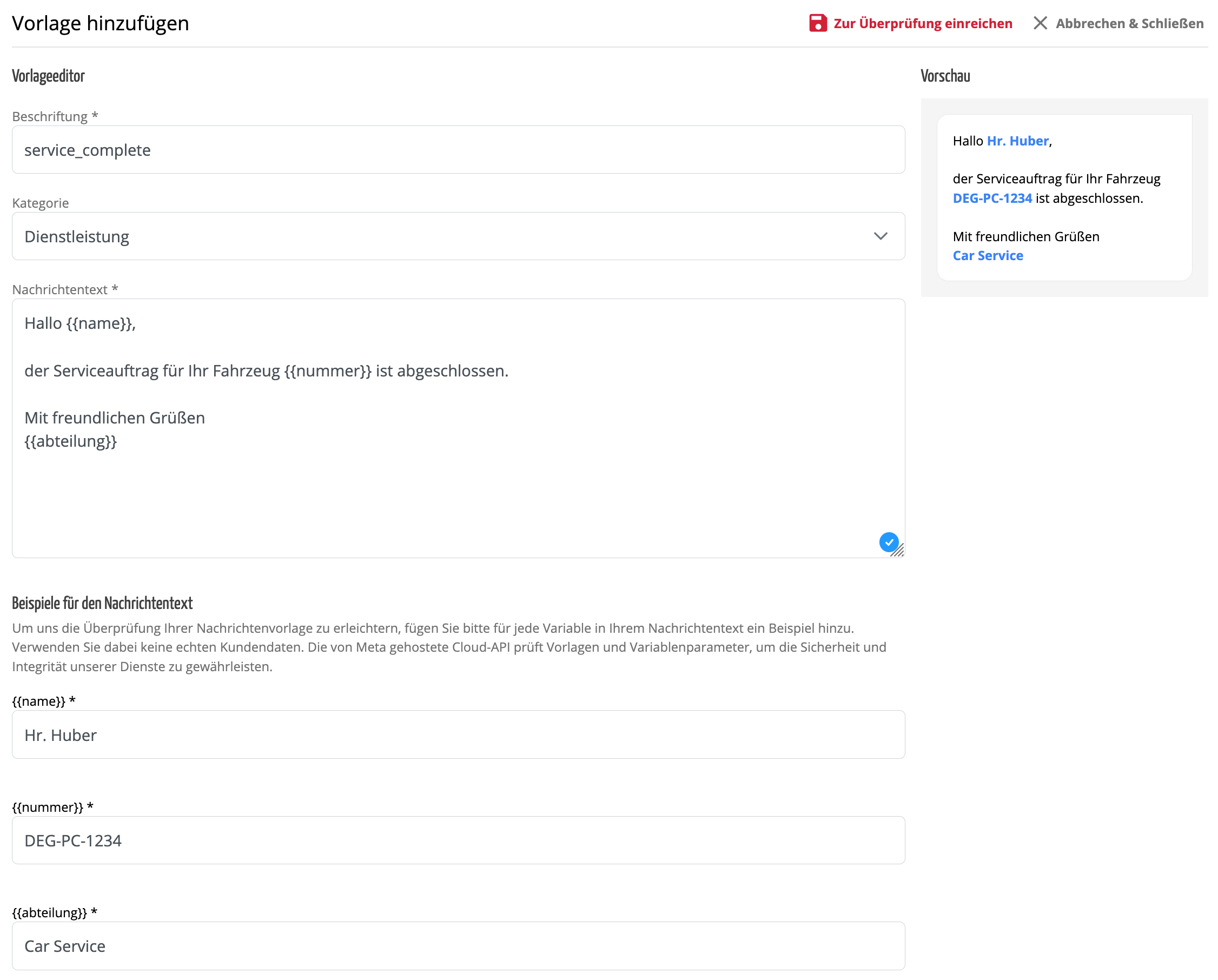 Nachrichtenvorlage hinzufügen