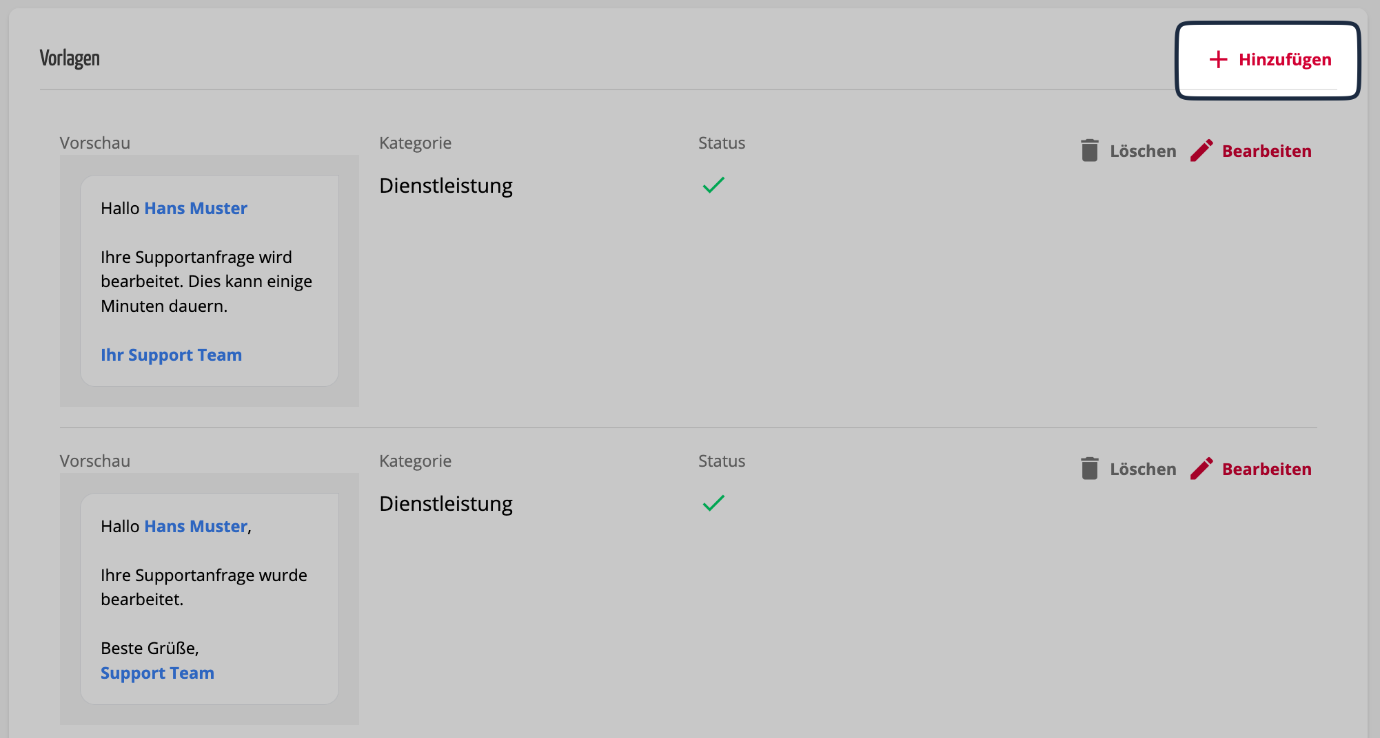 Nachrichtenvorlagen Übersicht