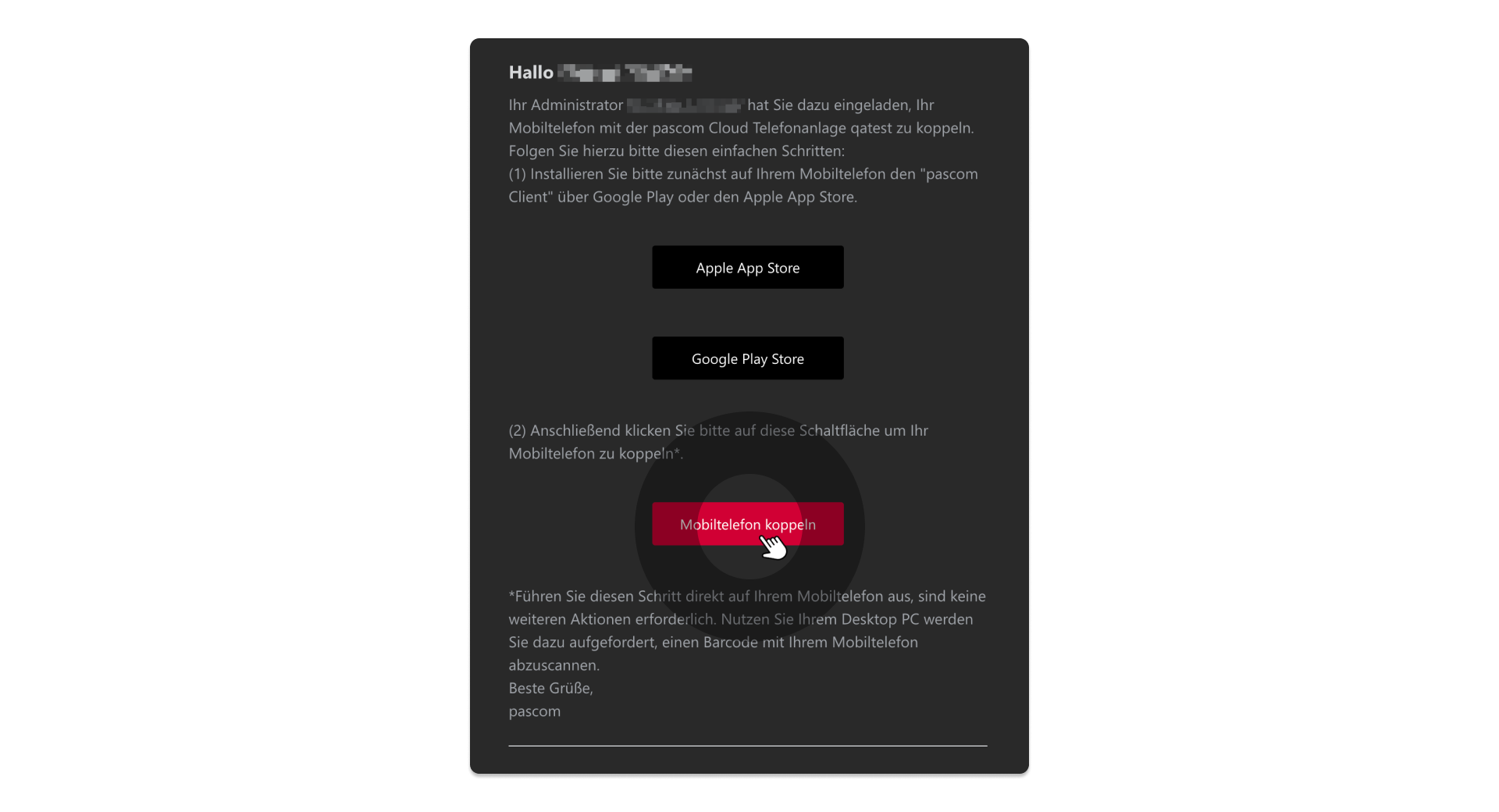 E-Mail für den Benutzer um selbst zu koppeln