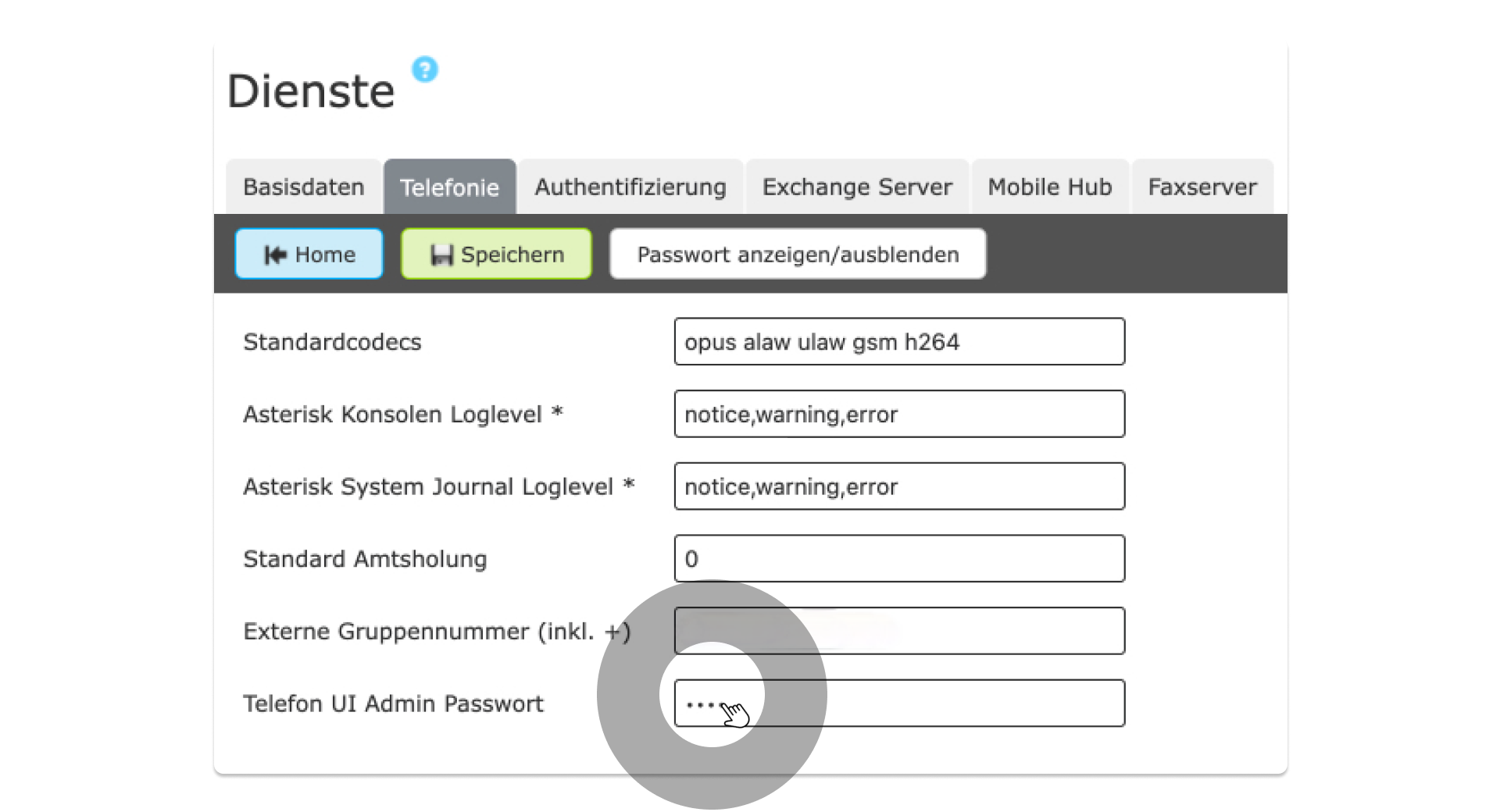 Admin-Passwort für Telefon-UI