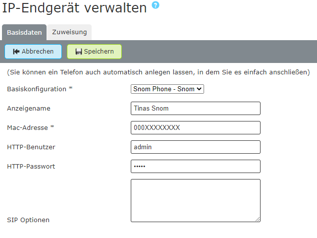 Neues Snom Endgerät einrichten