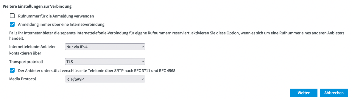 pascom Amt einrichten auf der Fritzbox - Erweiterte Einstellungen