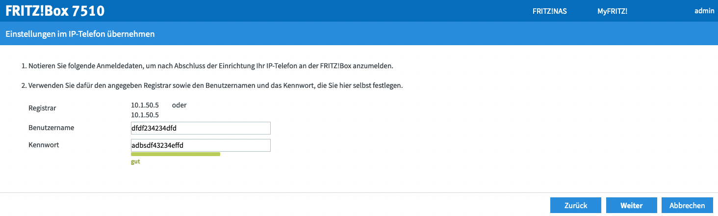 pascom Teilnehmer einrichten auf der Fritzbox - Zugangsdaten