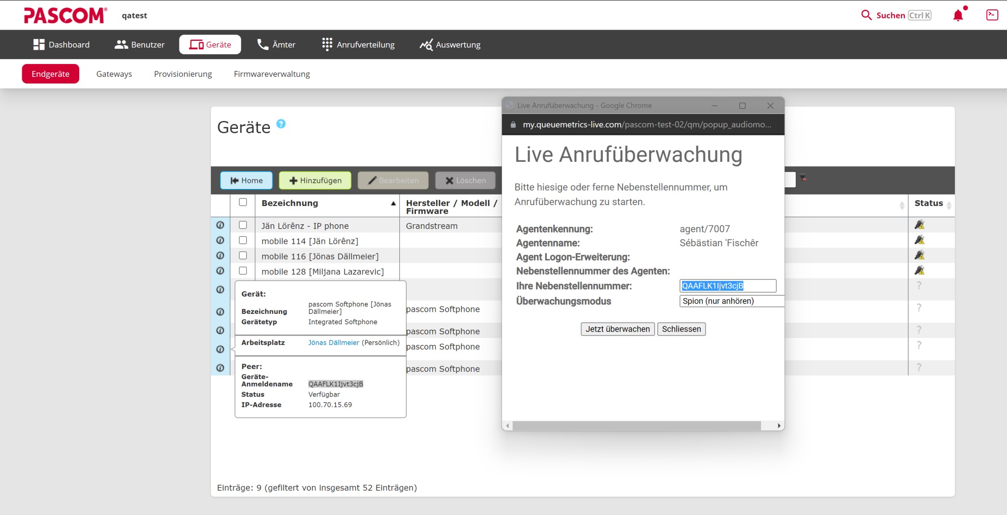 SIP Peer Einstellung für Live Anrufüberwachung