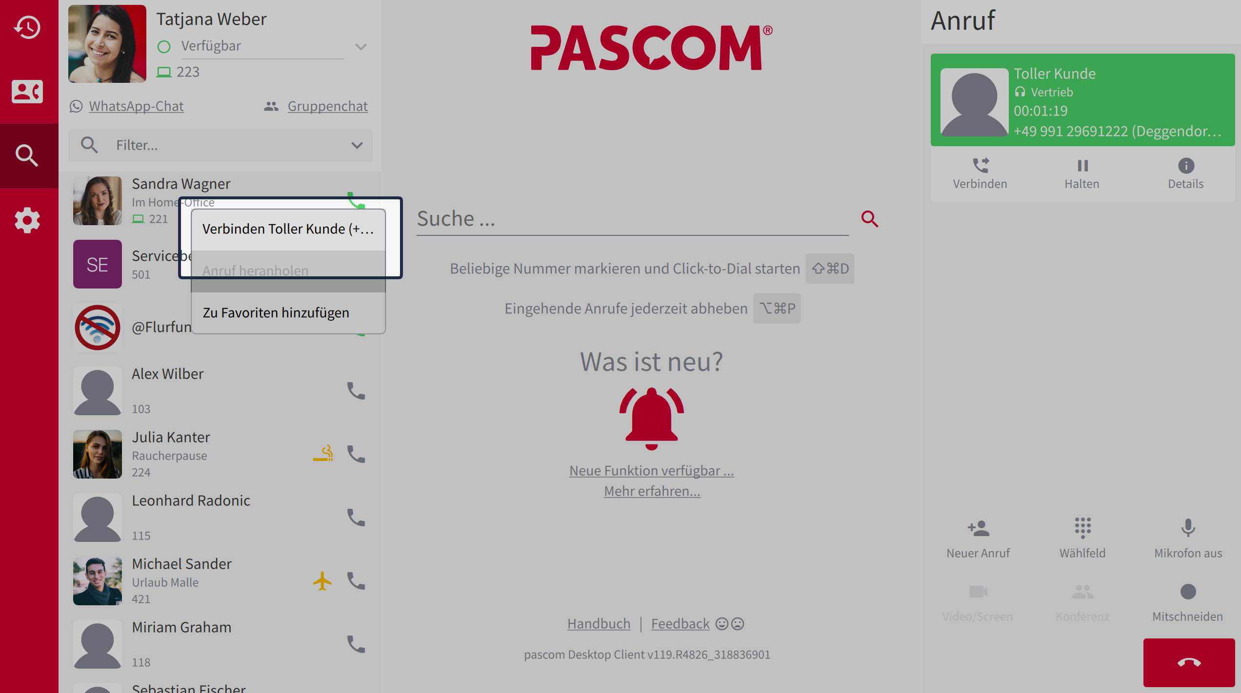 Blind Transfer über das Kontextmenü der Kontaktliste