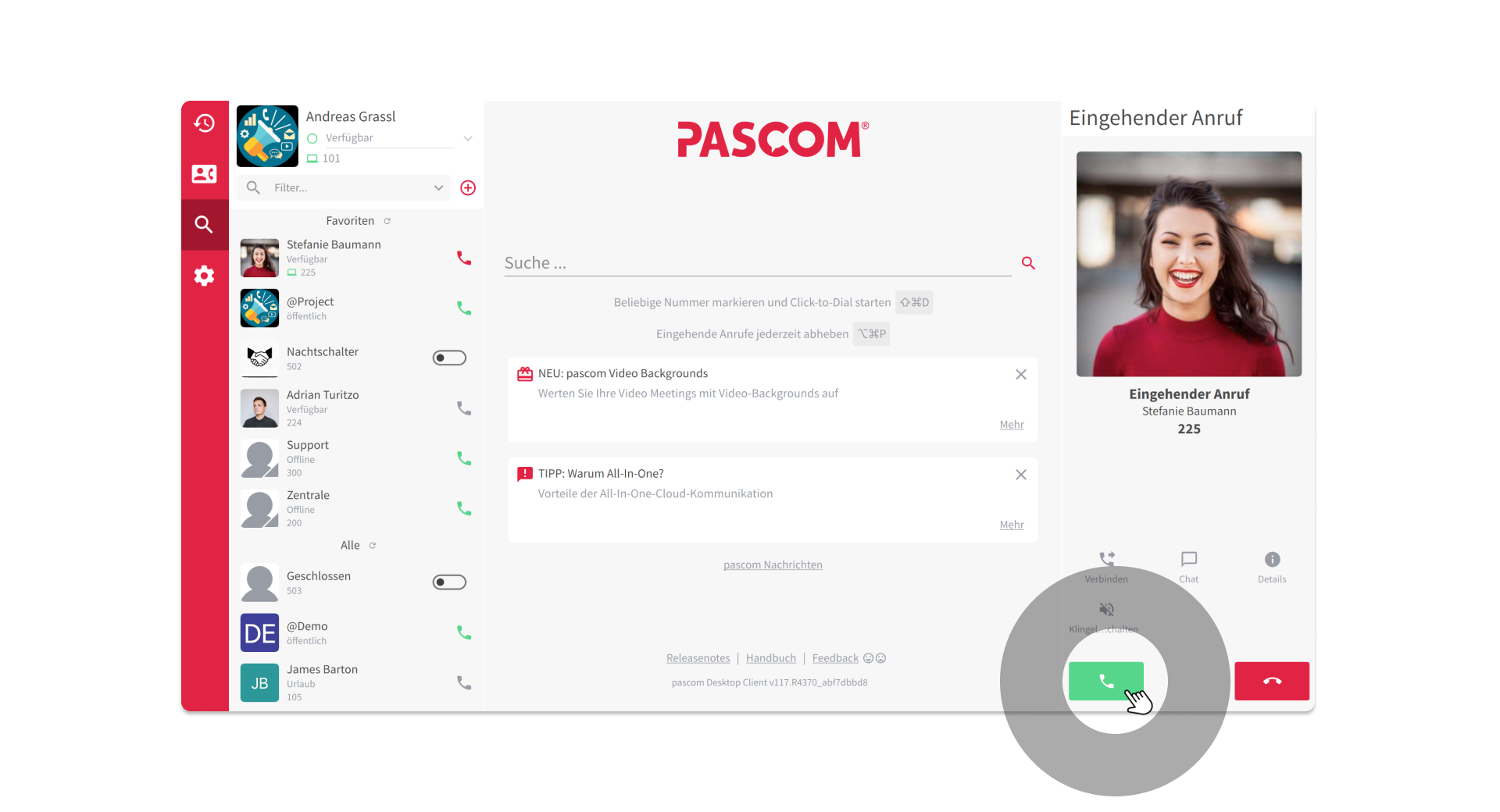 Ansicht des Telefonbereichs mit eingehendem Gespräch