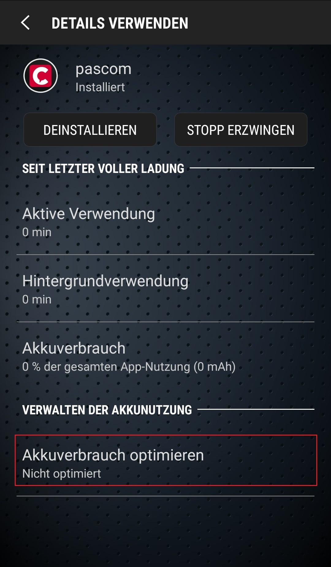 pascom Akku Optimierung deaktivieren