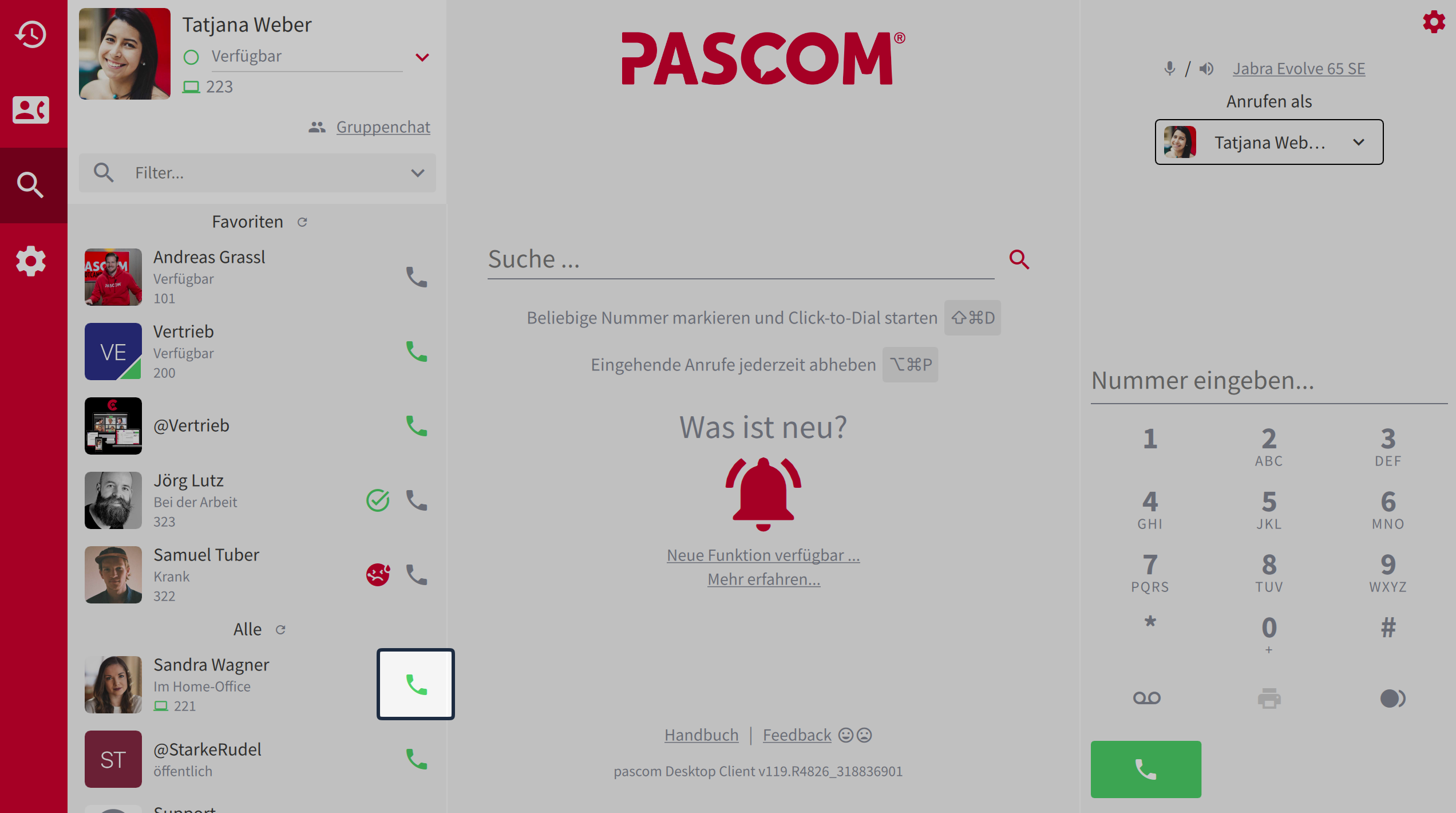 Grüner Hörer Symbol in der pascom App für einen direkten Anrufstart