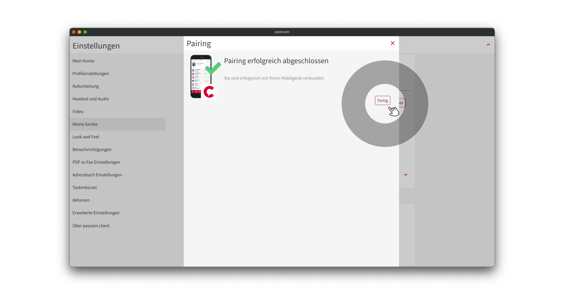 Abschlussbildschirm des Pairing-Vorgangs in der Desktop-Anwendung.