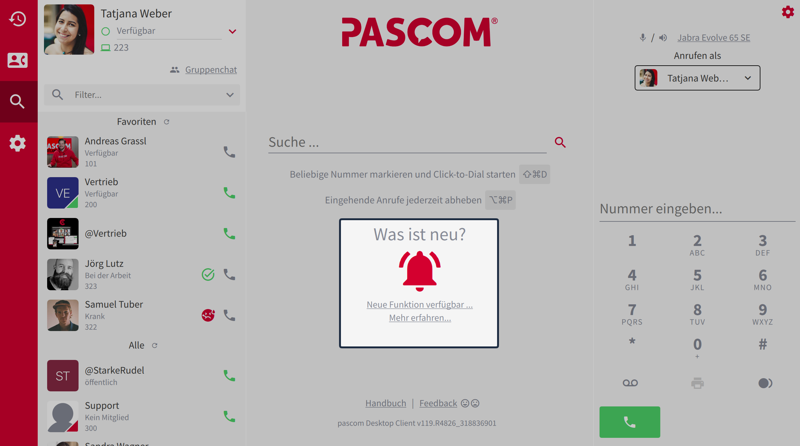 Anzeige von pascom Whatsnew Produktupdates im Suchfenster.