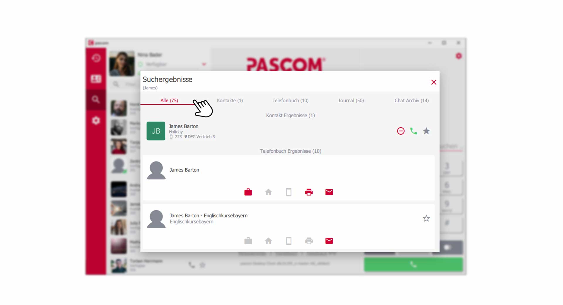 Kategorisierte Suchergebnisse in der pascom App.