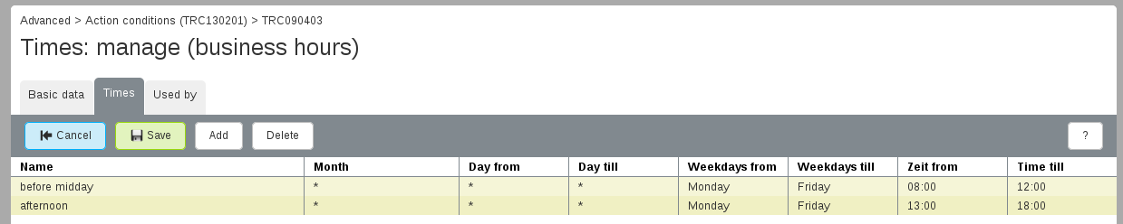 Screenshot - manage time schema