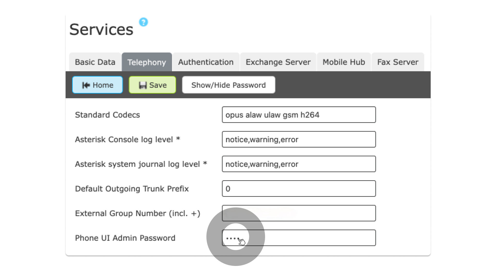 Admin password for phone UI