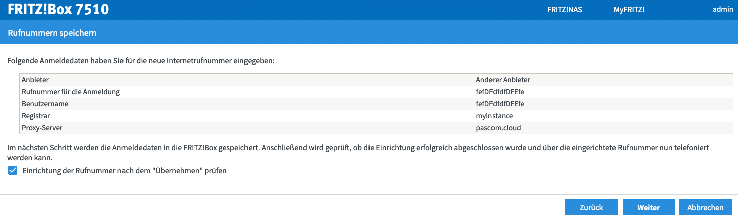 pascom Amt einrichten auf der Fritzbox - Erfolgreich gespeichert