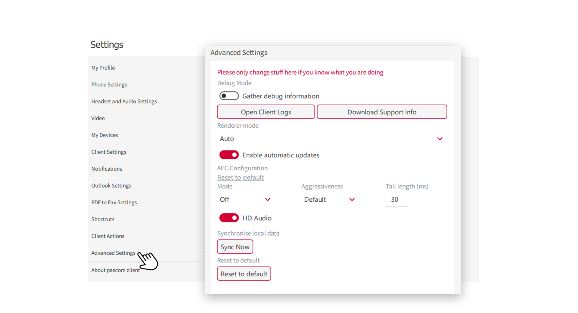 pascom Client Advanced Settings