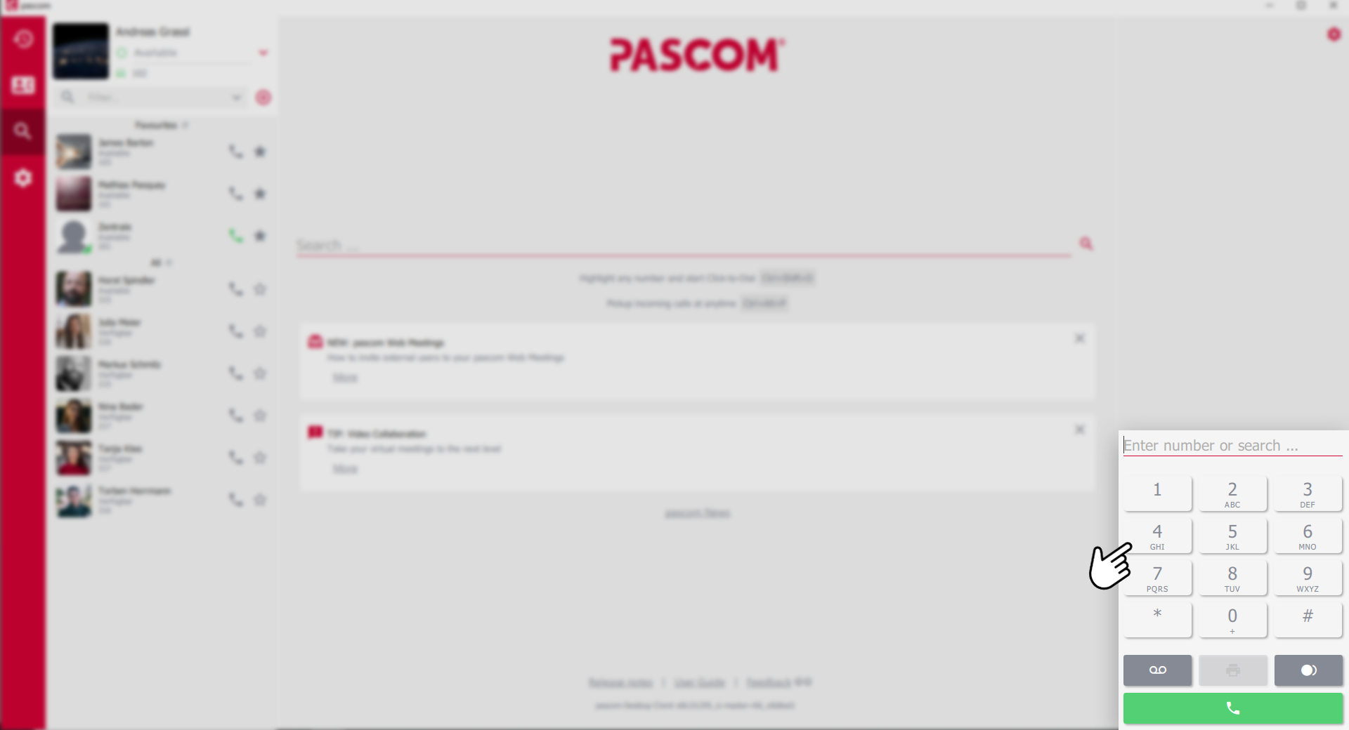 The right section features the dial pad for manual input and control elements for active calls.