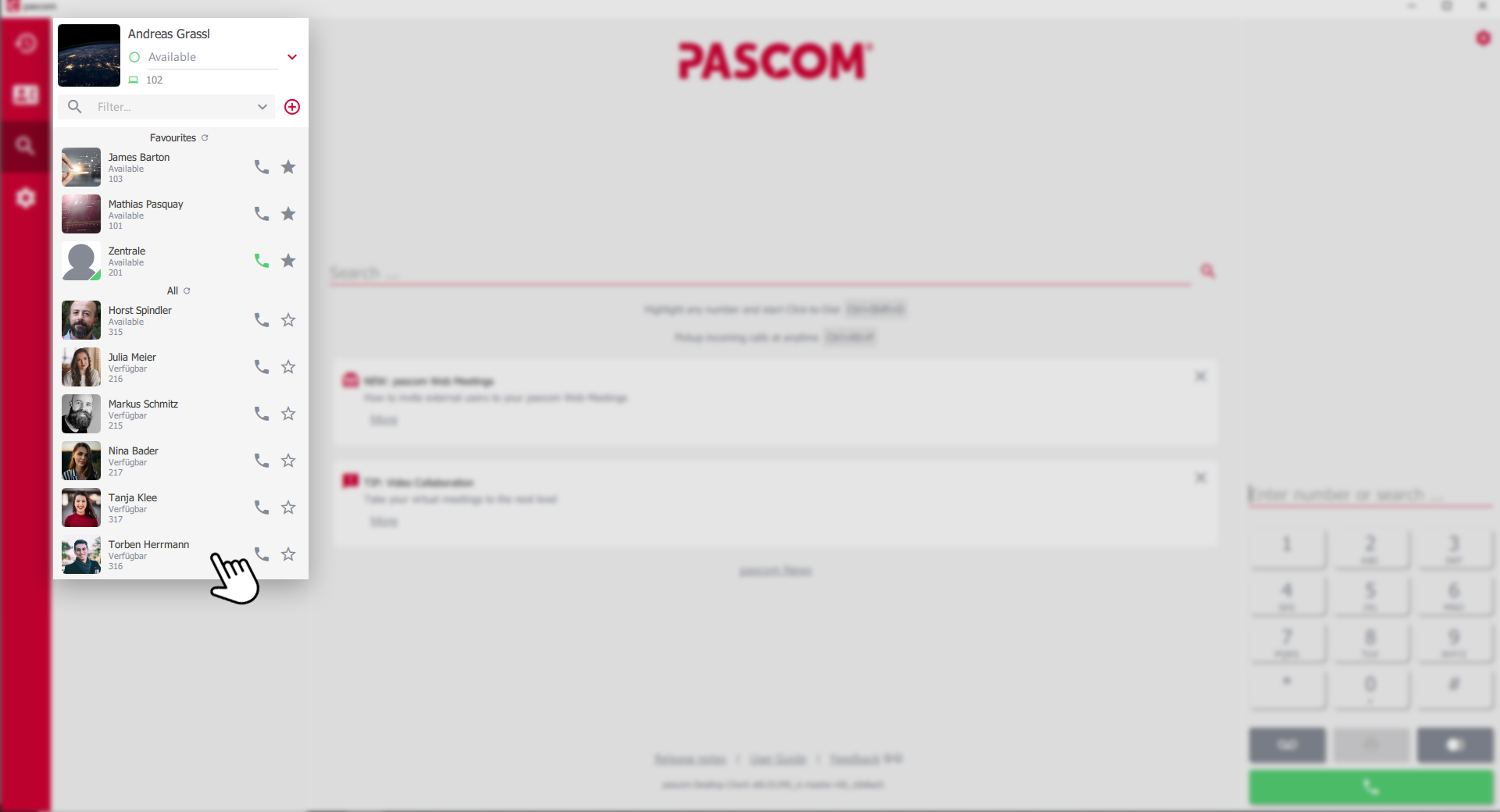 The left section displays your profile, presence status, and the contact list for quick access to colleagues.