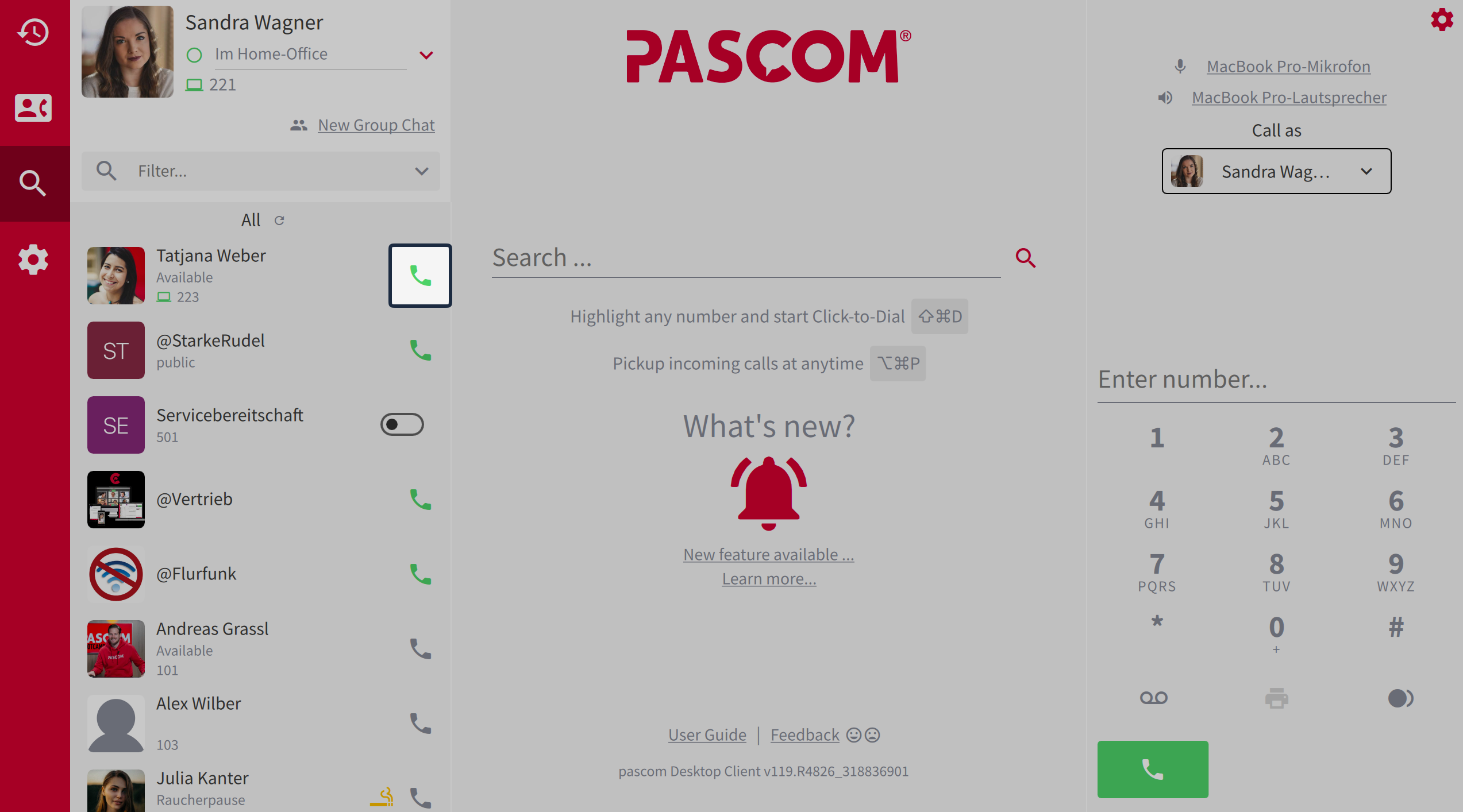 Green phone icon symbol in the pascom app for starting a call directly