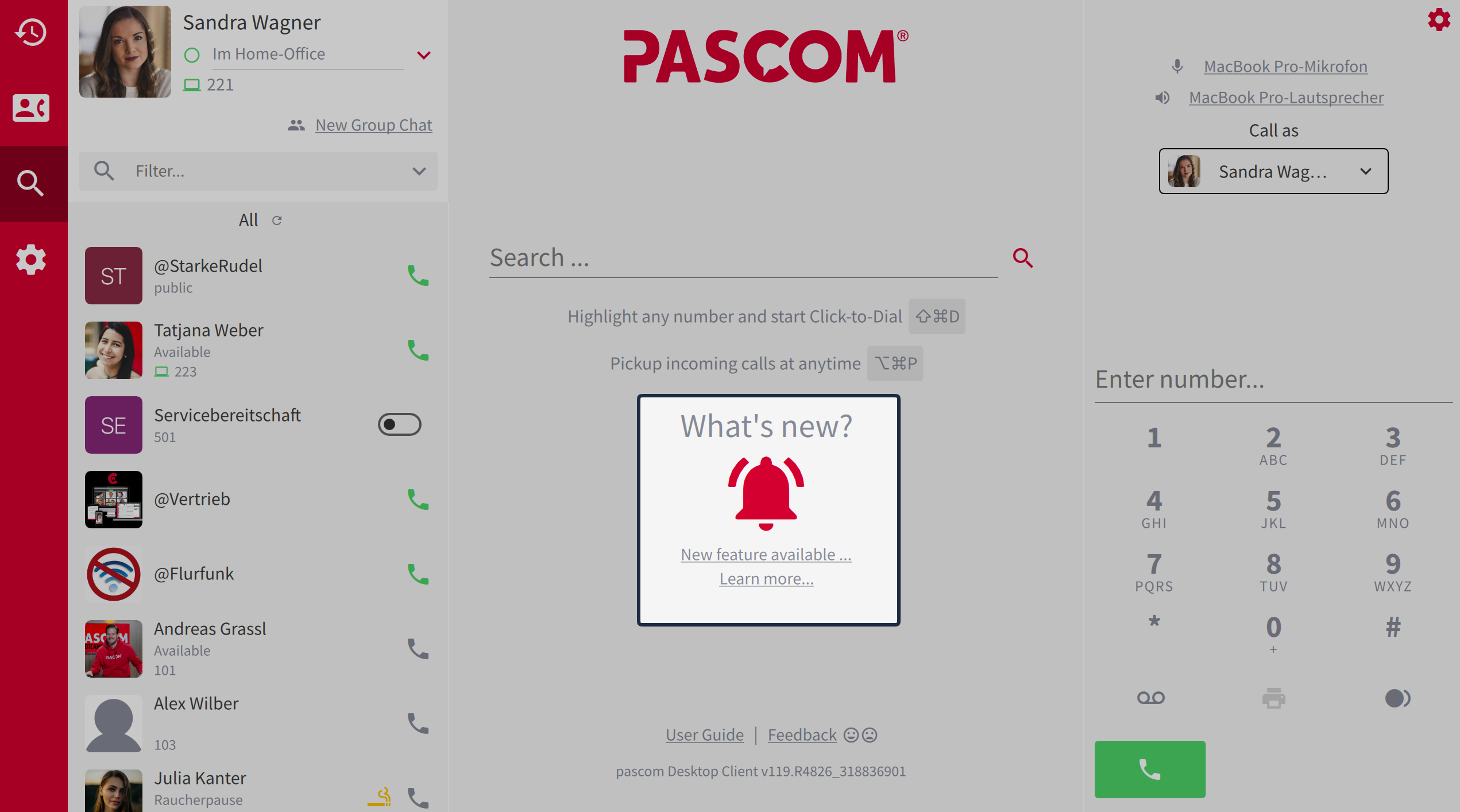 Display of pascom What&rsquo;s New product updates in the search window.