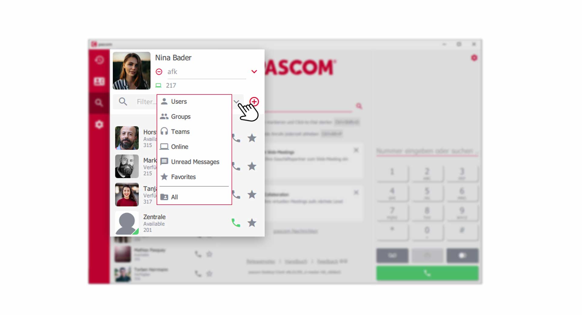 Applying smart filters in the contact list.