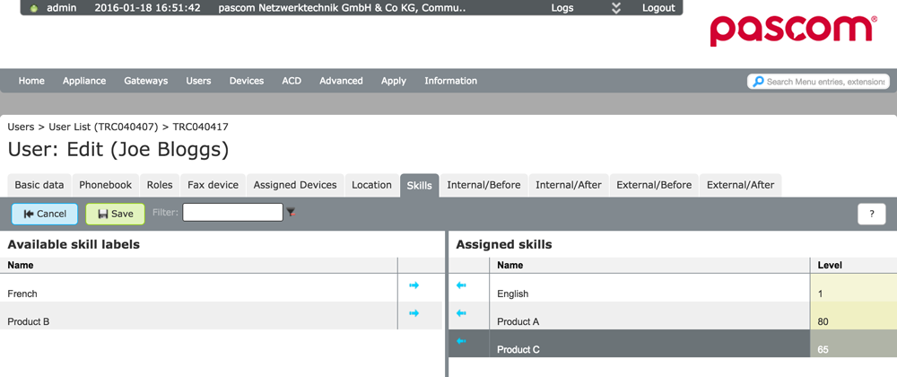 Defining call agent skills - PASCOM PBX
