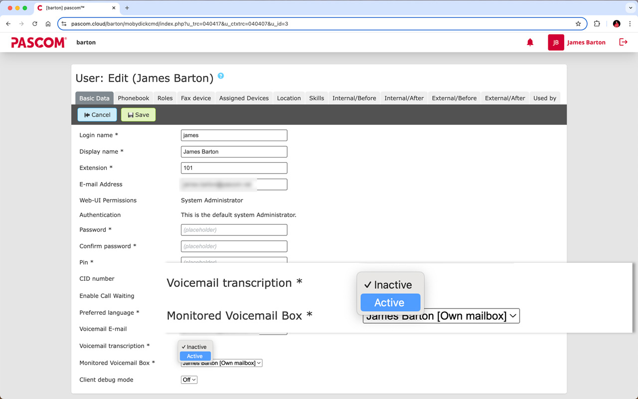 PASCOM Admin UI Voicemail Transcription setup
