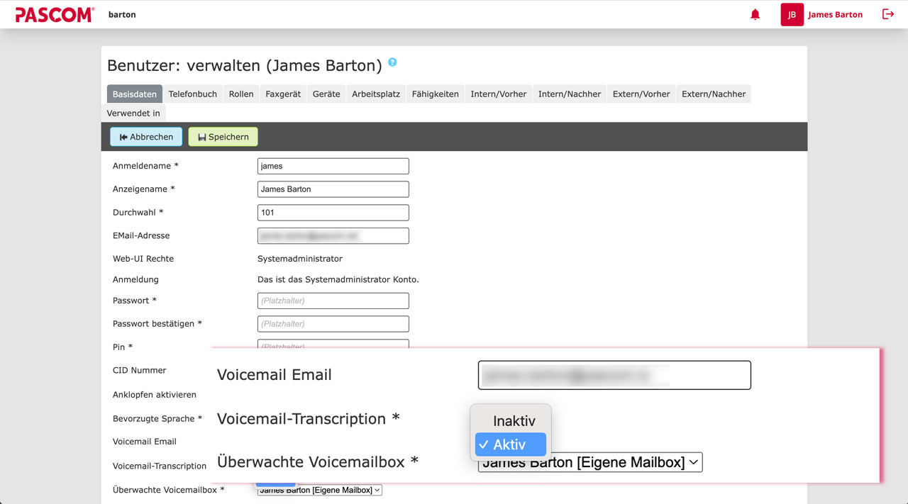 PASCOM Admin UI Voicemail Transkription einrichten