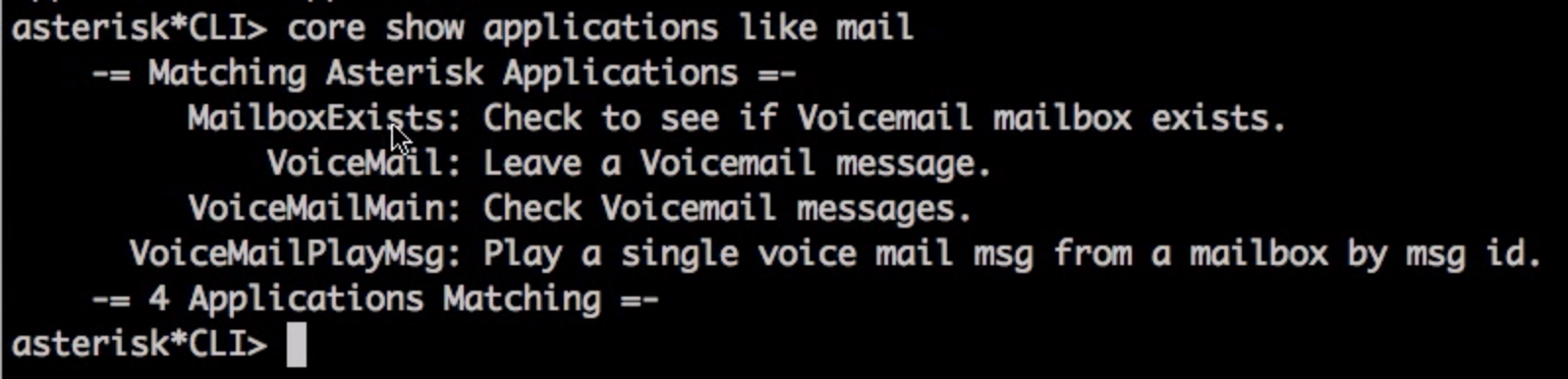 Asterisk core show applications like