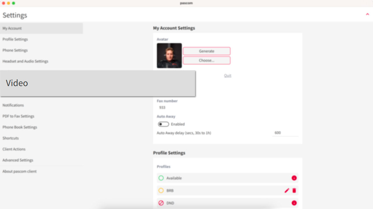 PASCOM App video settings menu