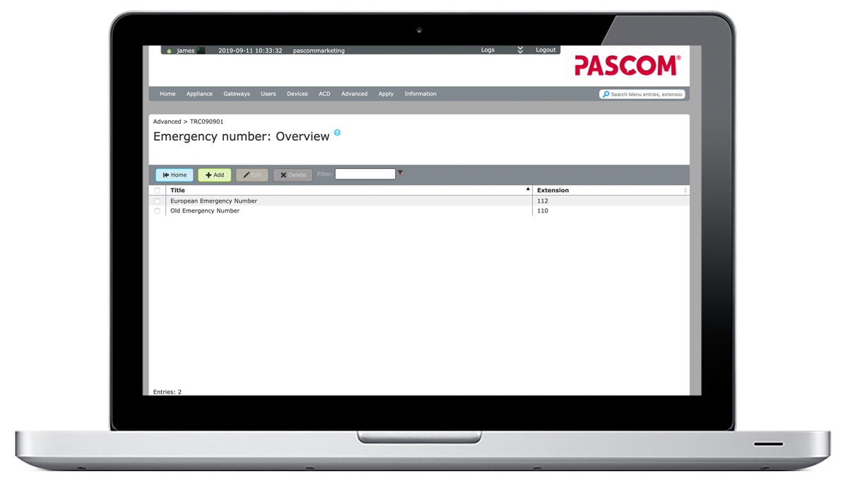 PASCOM phone system emergency number configuration