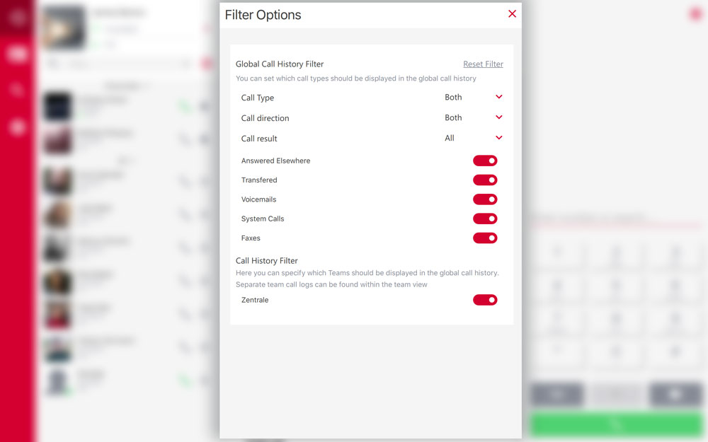 PASCOM Global Call History filter menu
