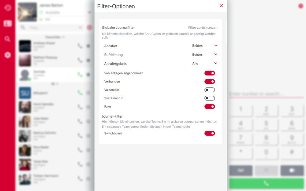 PASCOM Global Anrufjournal Filter Optionen