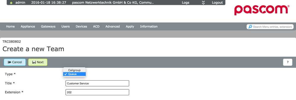 Add a Team Queue - PASCOM PBX