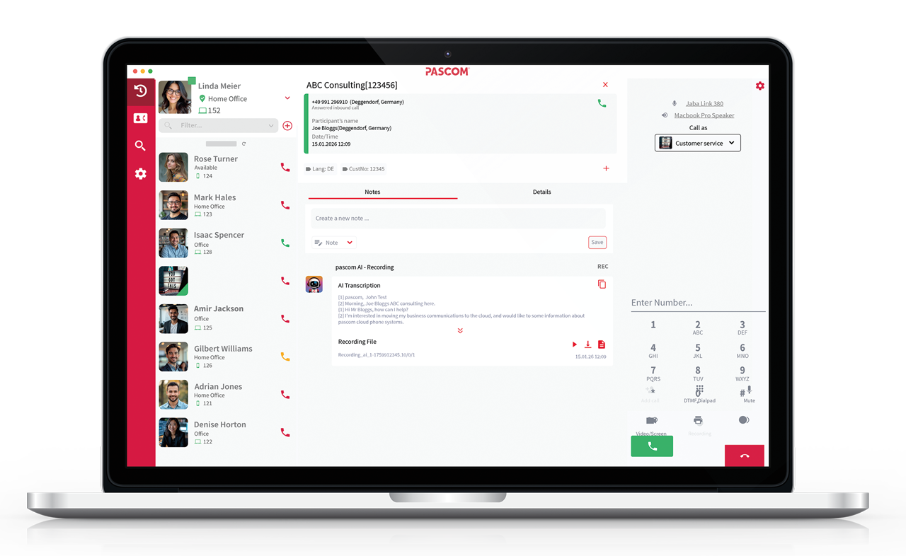 PASCOM Intelligence AI transcription for call recordings