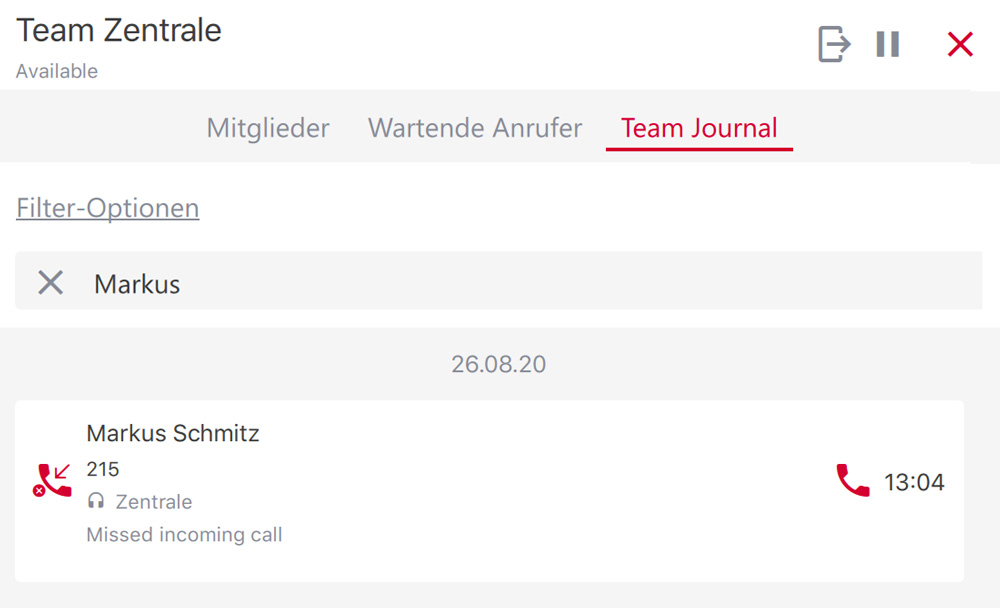 PASCOM Team Anrufjournal Suche