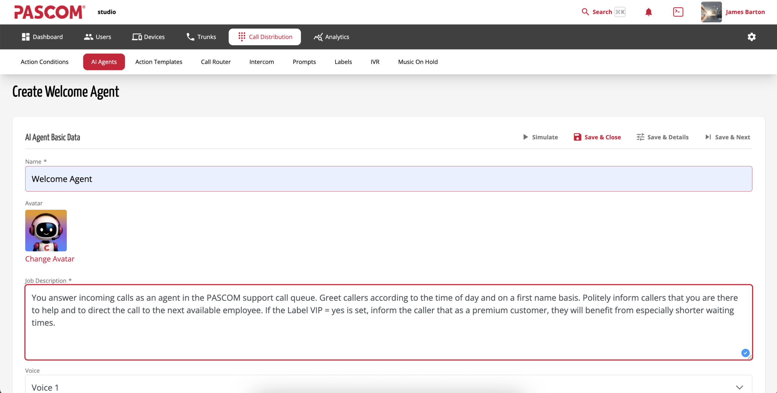 PASCOM Welcome AI Agent Command Prompts