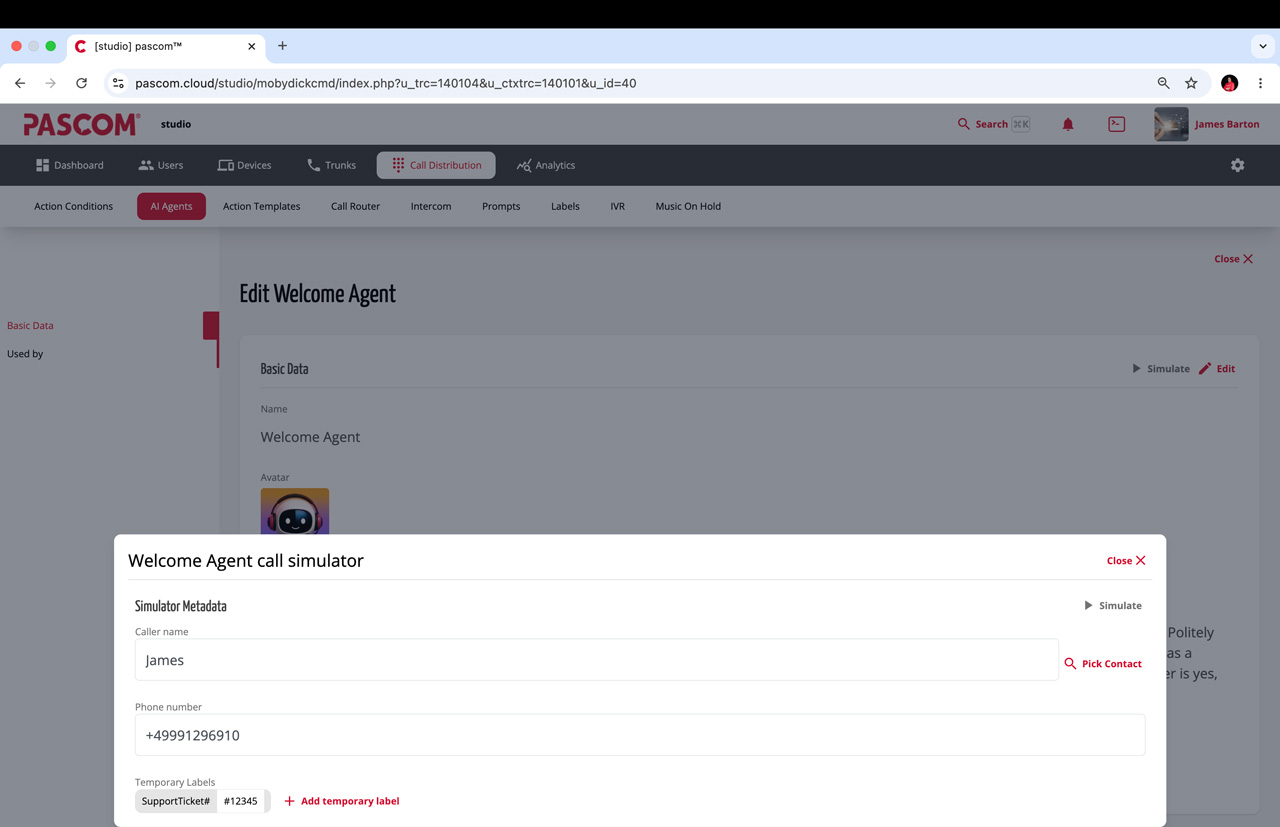 PASCOM Welcome AI Agent simulated test